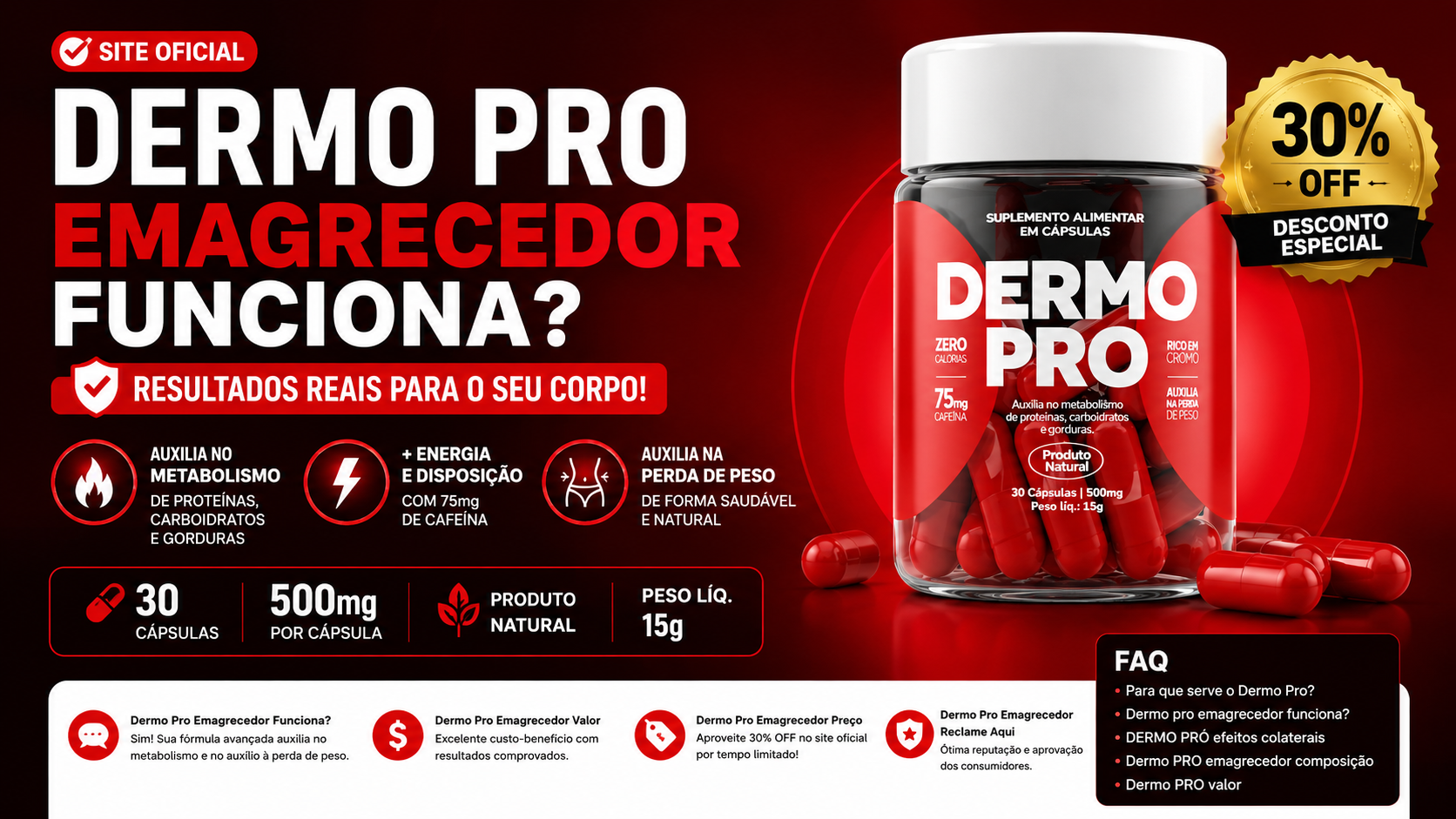 Dermo Pro emagrecedor com fórmula natural, cápsulas para metabolismo e oferta de 30% OFF no site oficial