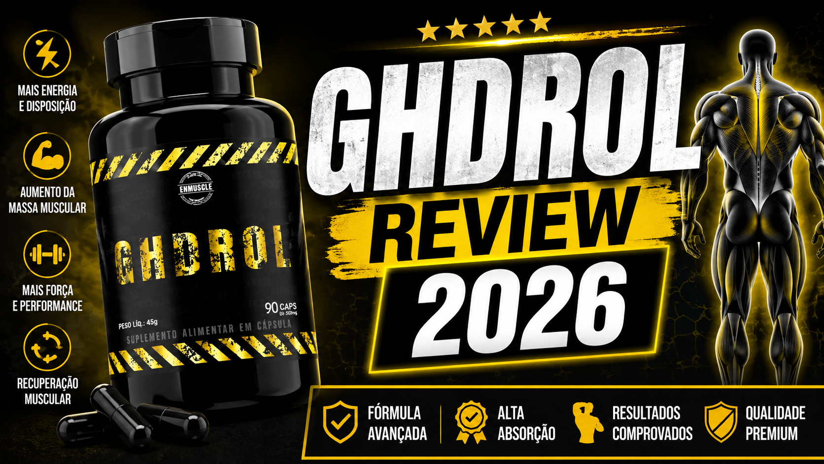 Frasco do suplemento GhDrol em destaque com design preto e amarelo, representando análise, benefícios e avaliação do produto em 2026.