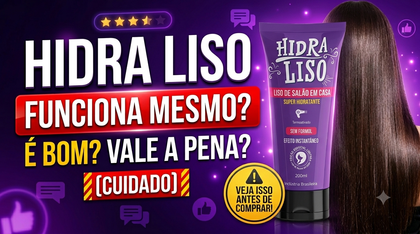 Thumbnail publicitária roxa mostrando que Hidraliso funciona como progressiva de chuveiro com resultado de salão em casa e alerta de cuidado.