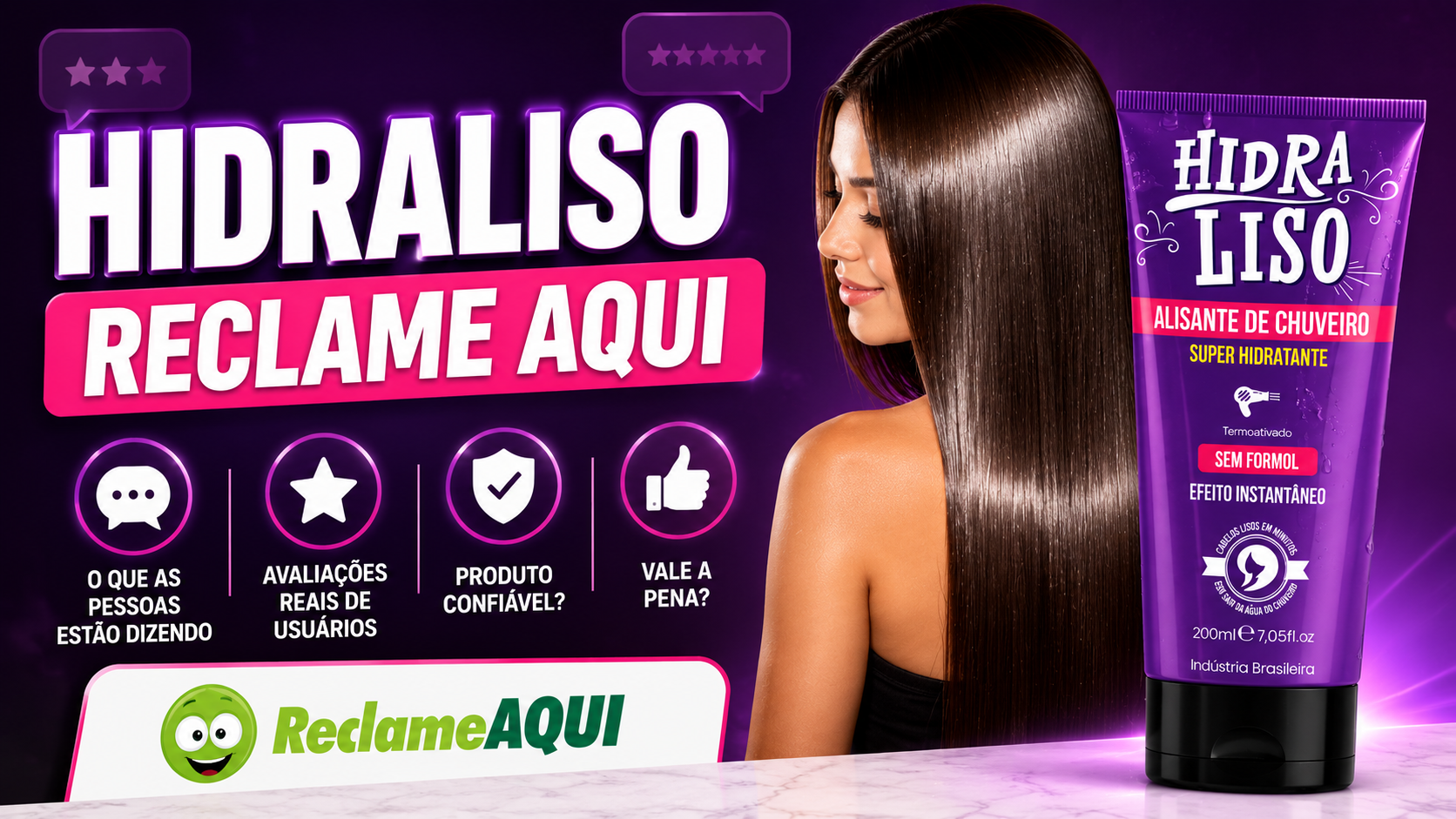Produto Hidraliso Alisante de Chuveiro ao lado de cabelo liso e brilhante, representando avaliações e reputação da marca.