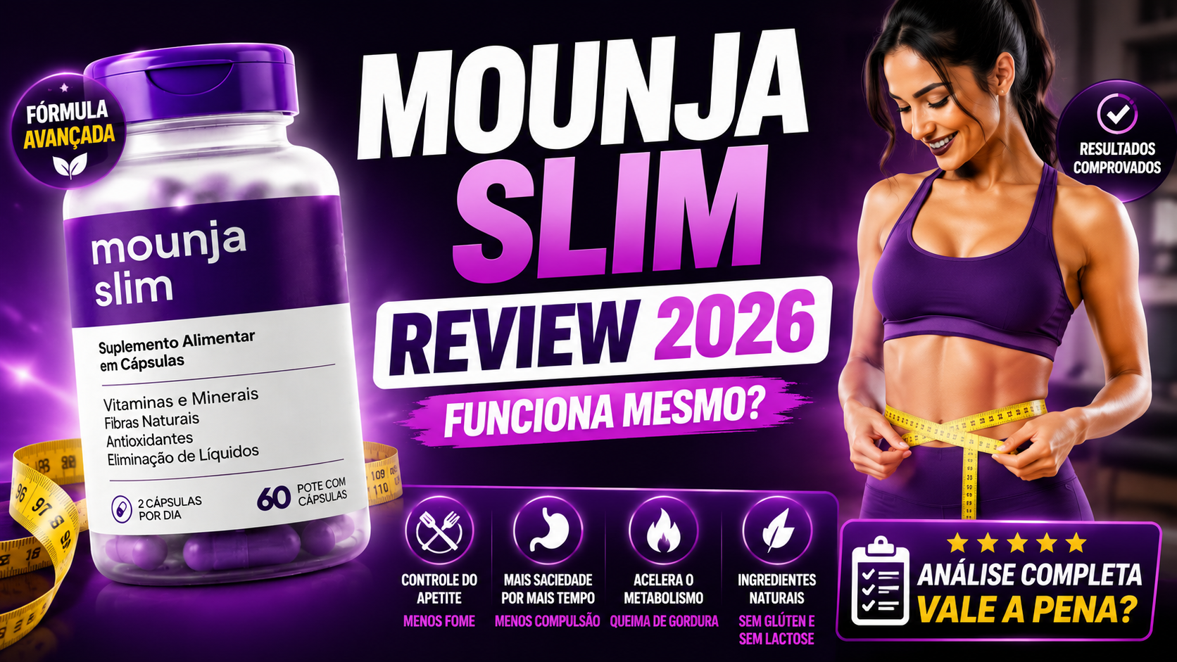 Frasco do suplemento Mounja Slim em destaque ao lado de mulher em processo de emagrecimento durante análise do produto.
