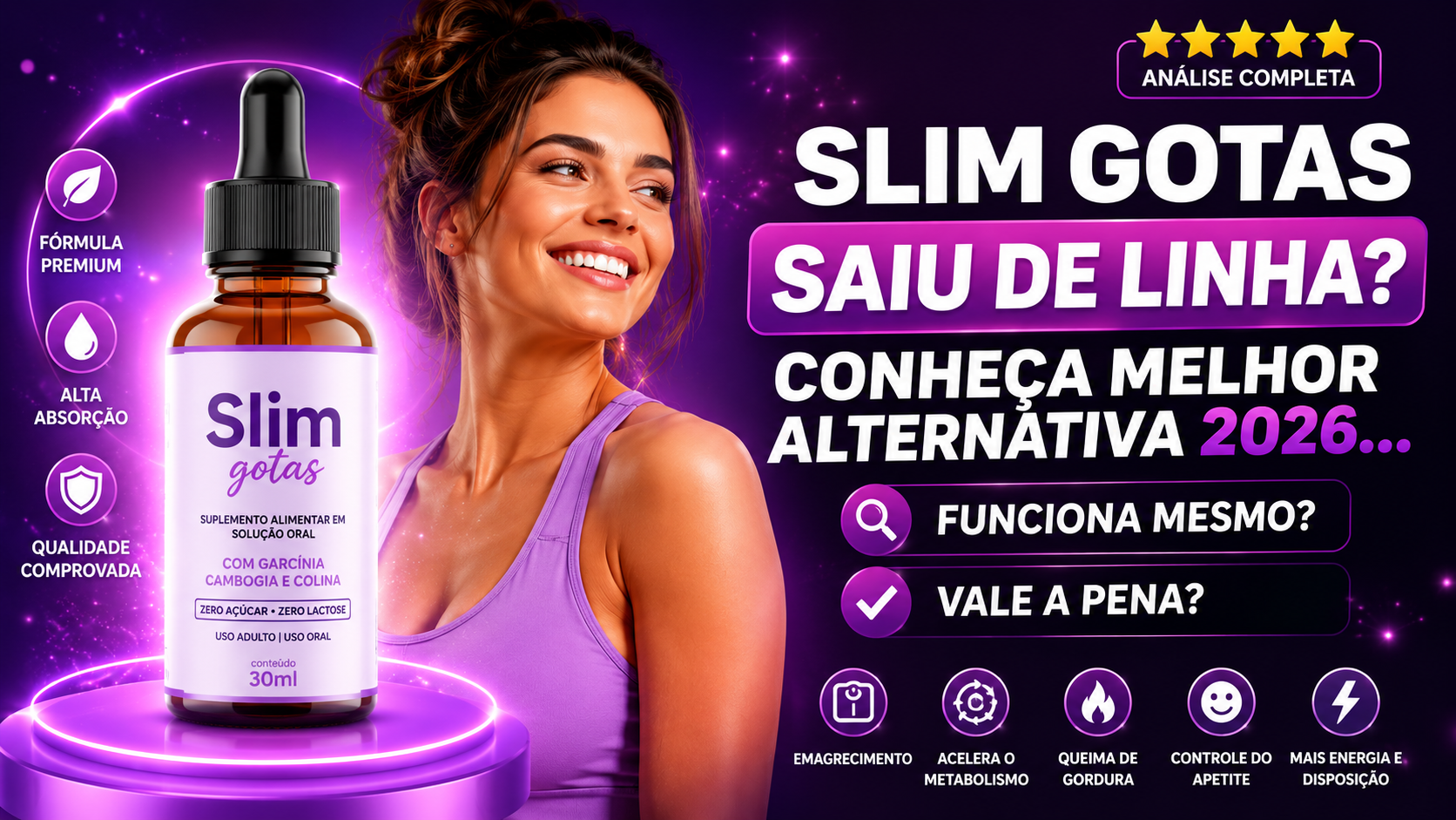 Slim Gotas Review 2026: imagem ilustrativa do suplemento com análise sobre como funciona, benefícios, emagrecimento, avaliações e melhor alternativa disponível.