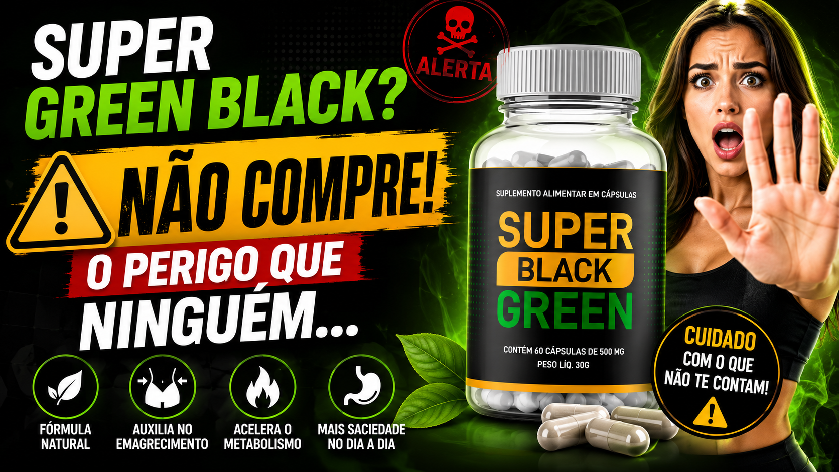 Frasco do suplemento Super Green Black em destaque durante análise completa sobre benefícios, composição e avaliações dos consumidores.
