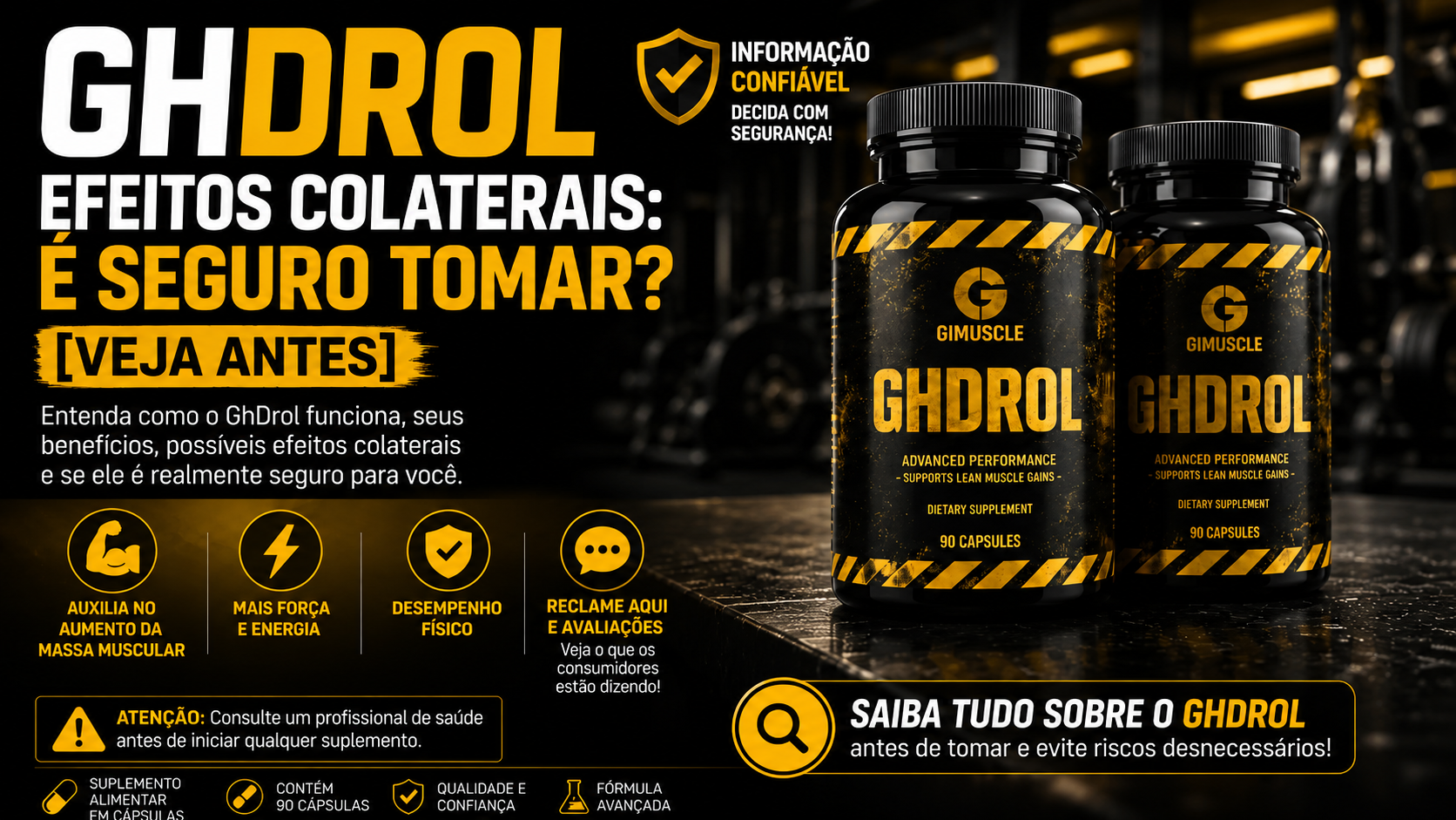 Frascos do GhDrol da Gimuscule em destaque com análise sobre efeitos colaterais, segurança, benefícios e avaliações do suplemento.