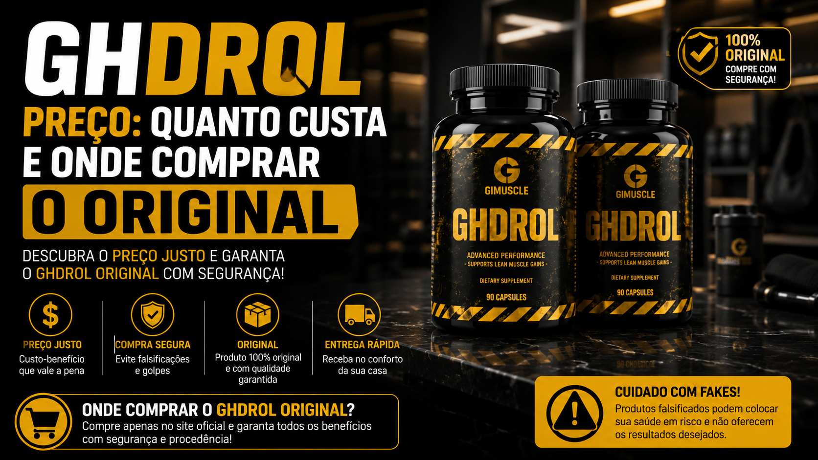 Frascos originais do GhDrol da Gimuscule com informações sobre preço, custo-benefício e onde comprar o suplemento original com segurança.