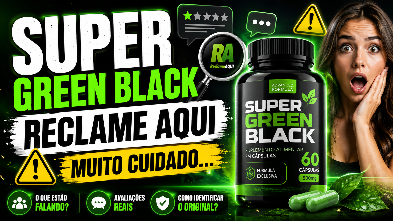 Frasco do Super Green Black em destaque durante análise da reputação da marca no Reclame Aqui e avaliações dos consumidores.